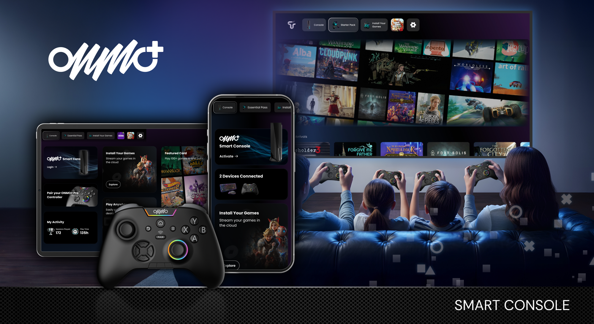 Interface oficial do ONMO+ em desktop, celular e tablet com controle Pro